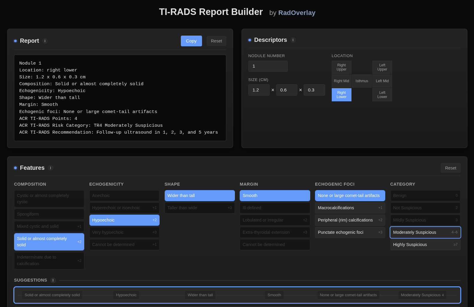 TI-RADS Report Builder webapp screenshot