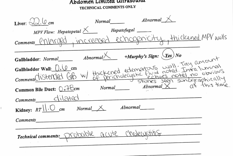 Handwritten sonographer worksheet for a limited abdominal ultrasound, recording liver, gallbladder, common bile duct and kidney measurements.